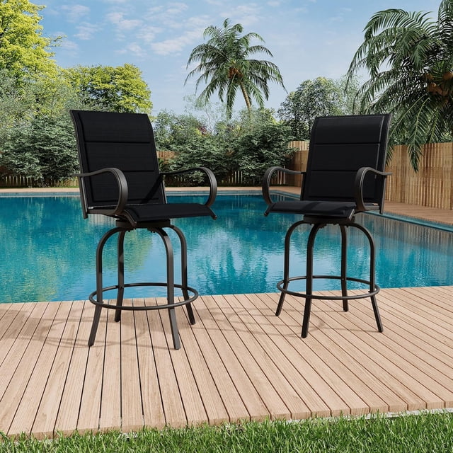 2 PCS Outdoor Swivel Bar Stools, Patio Bar Height Stools Set of 2, All Weather Textilene Fabric Outdoor High Bistro Stools with High Back and Armrests for Backyard Deck Lawn Garden