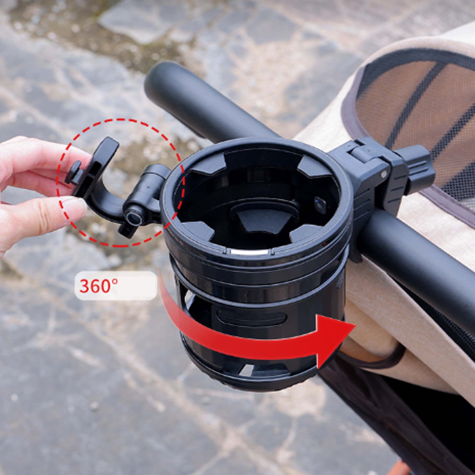Xirurus 3-in-1 Stroller Cup Holder with Hook, Universal Double Bottle Holder 360 Degree Adjustable for Bike, Wheelchair, Walker and Treadmill, Black (7.87 x 4.72 in / 20 x 12 cm)