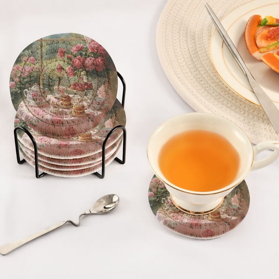 BZSMCE 6Pcs Drink Coasters With Holder 3.94Inch Tea Set with Roses Creative Coil Coaster Coasters Colors Absorbent Coasters for Drinks Coasters Set Thicken Heat for Home Table