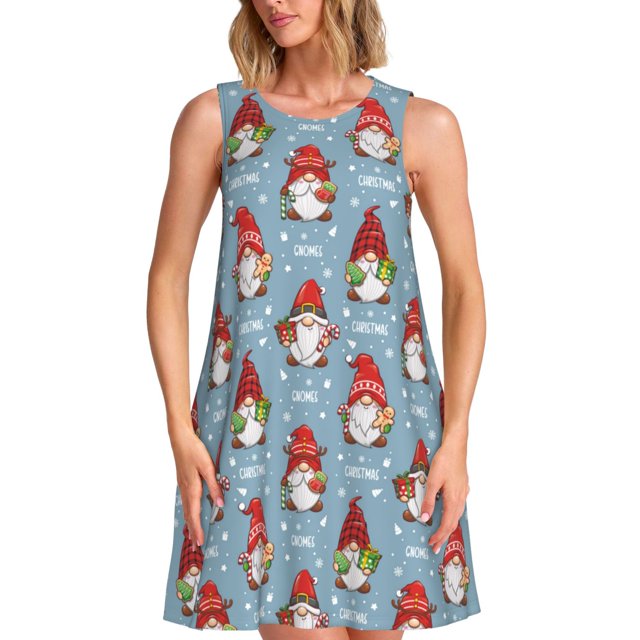 Fotbe Snowflake Christmas gnome Vestido de Verano sin Mangas para Mujer – Vestido Midi Línea A, Estilo Camiseta Floral, Vestido Playero Casual y Fluido