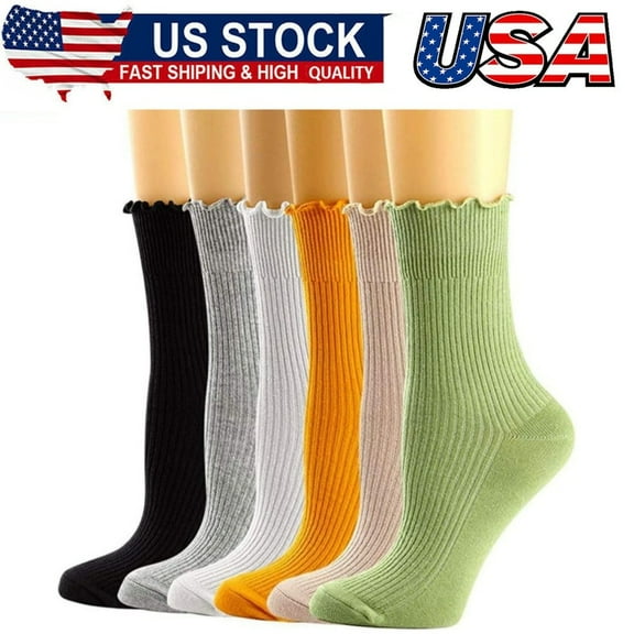 Womens Socks, Ruffle Turn-Cuff Casual Crew Socks Breathable Cool Knit Cotton Lettuce Ankle Frilly Sock 6 Pack