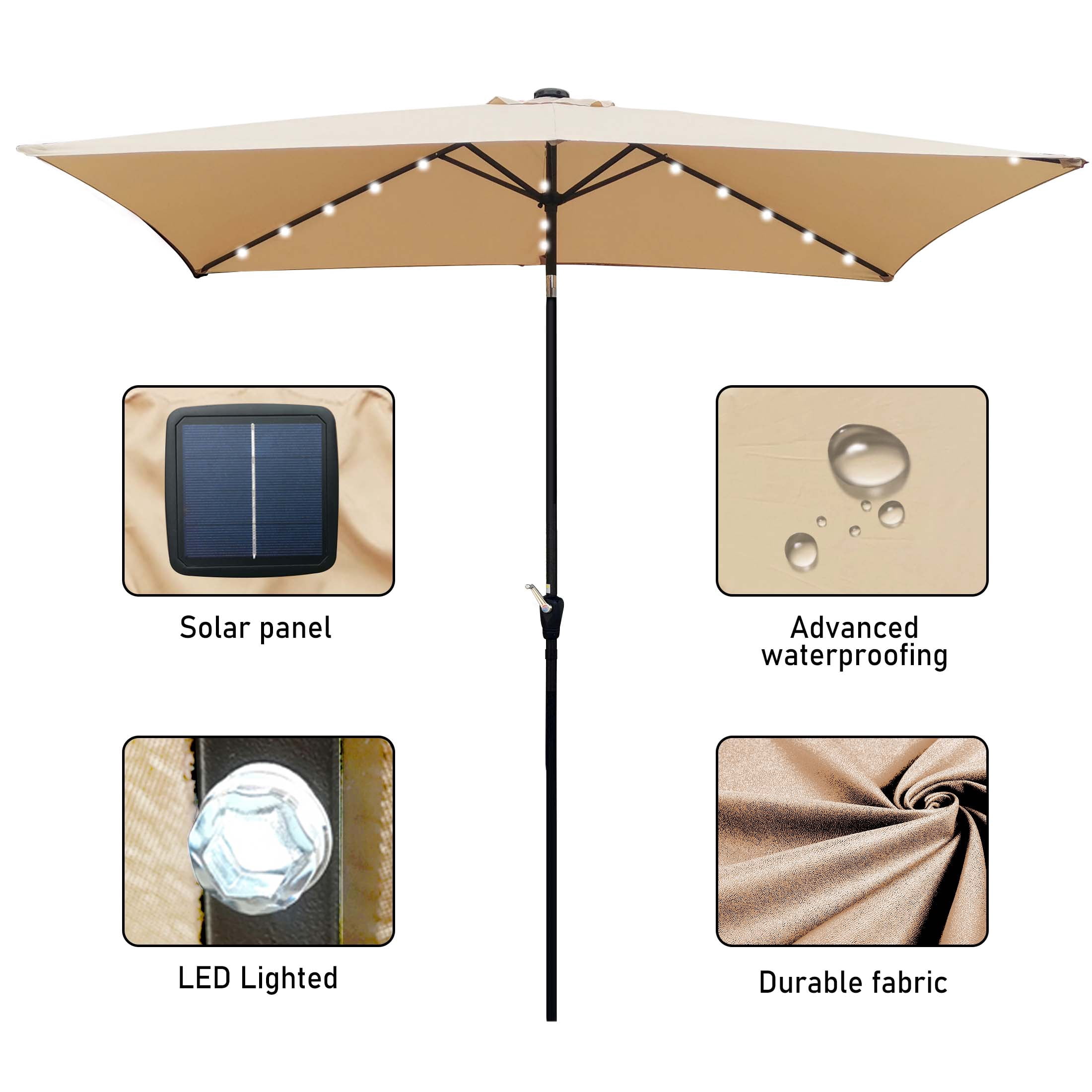 Aukfa 10 x 6.5ft Rectangular Patio Solar LED Lighted Outdoor Umbrellas for Market Beach Pool - Tan