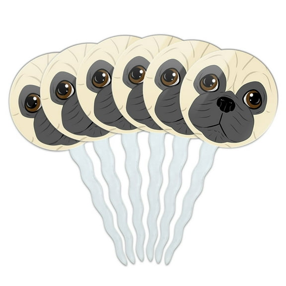 Pug Face Pet Dog Cupcake Picks Toppers - Set of 6
