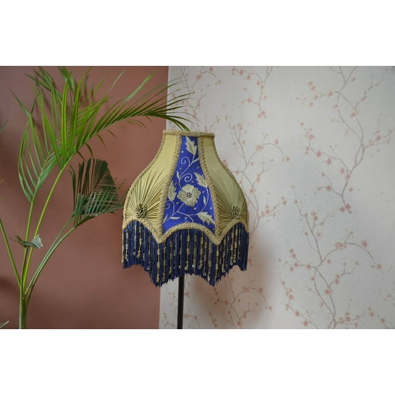BespokeByNikita Dome Blue Gold Embroidered Fringe Lampshade