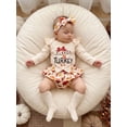 thumbnail image 5 of RUINIXCW Baby Girls Thanksgiving Outfits Flying Sleeve Letter Print Romper Turkey Print Tiered PP Shorts Headband Leg Warmers Sets, 5 of 9