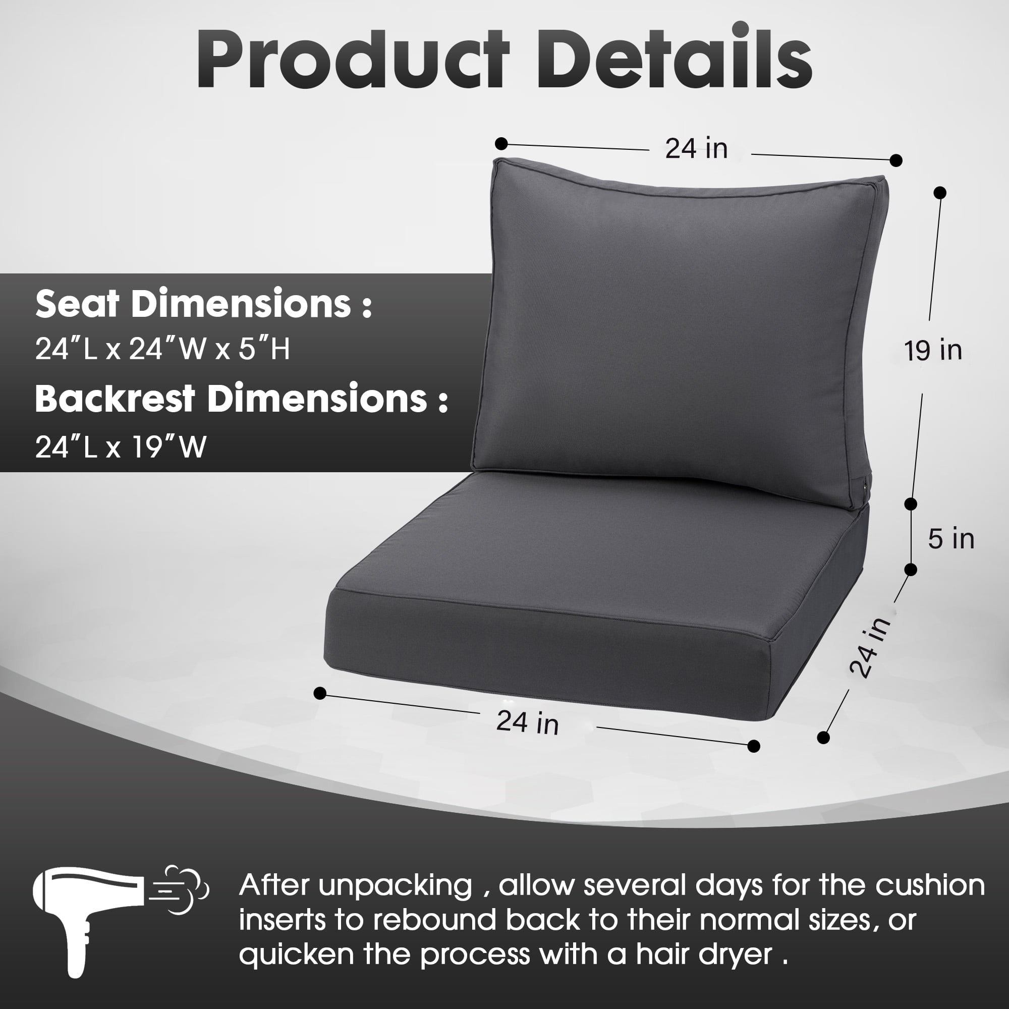 Outdoor Deep Seating Cushion Set, 24" x 24", Waterproof & Fade Resistant Patio Furniture Cushions with Handle, Deep Seat and Back Cushion for Chair and Sofa (1, Gray)