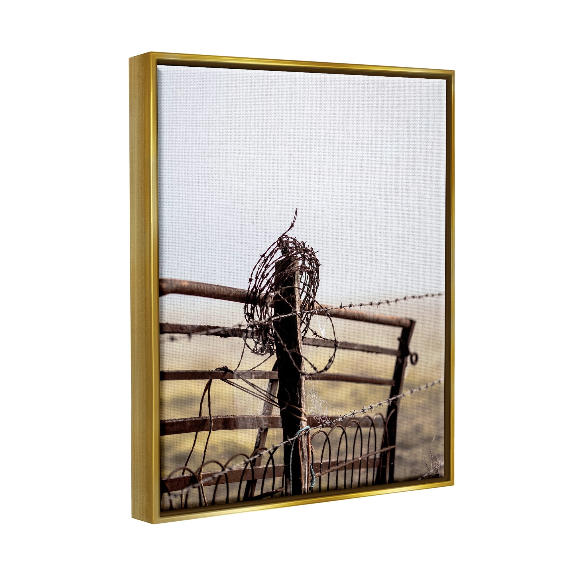 Stupell Industries Rural Meadow Fence Barbed Wire Countryside Photography Photograph Metallic Gold Floating Framed Canvas Print Wall Art, Design by Leah Straatsma