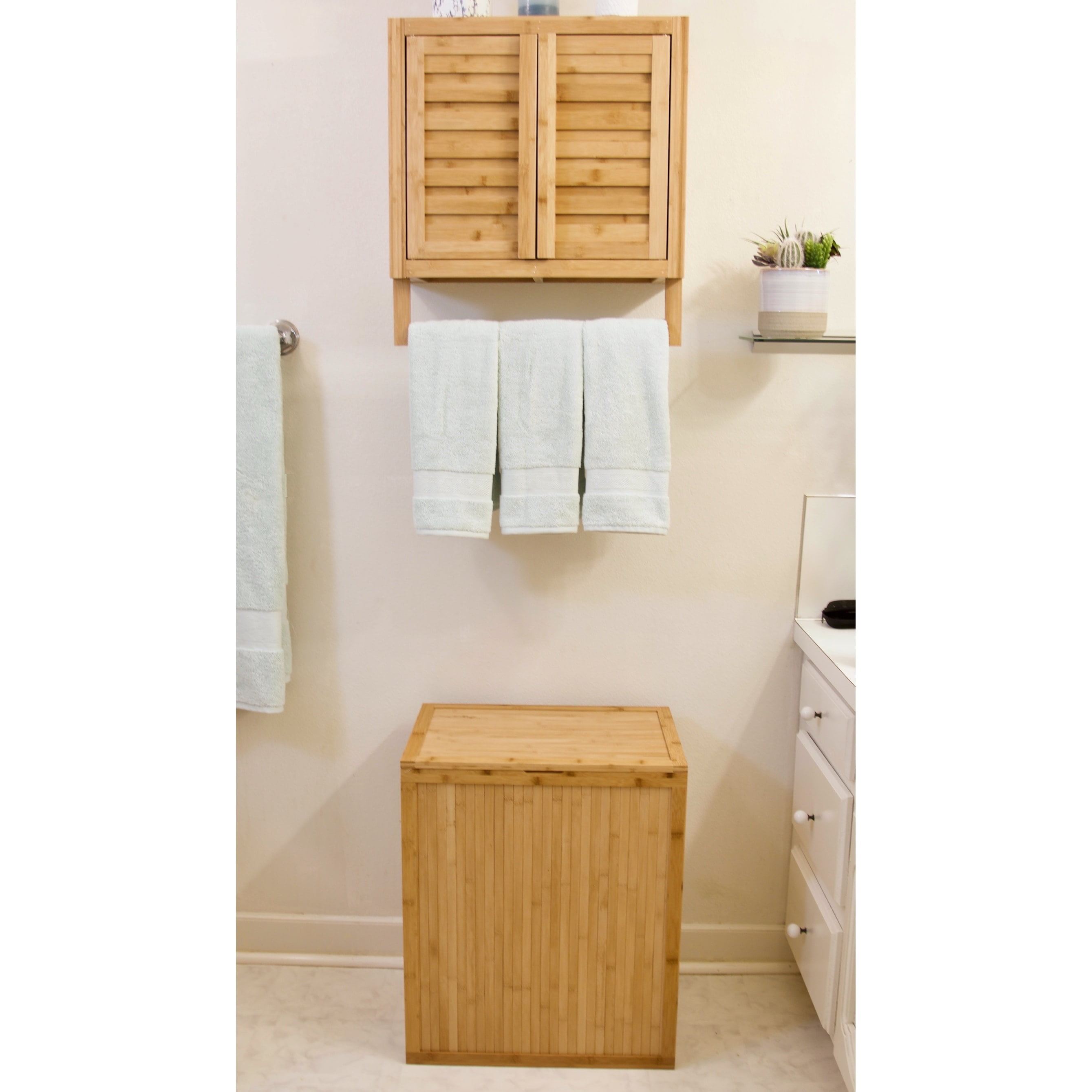 Solid Bamboo Folding Clothes Hamper w/ Removable Laundry Bag Caramel