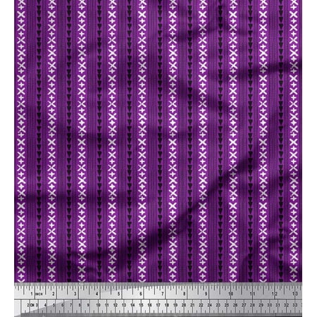 Soimoi Polyester Crepe Fabric Geometric Sign Triangle & Stripe Block Printed Fabric 1 Yard 42 Inch Wide
