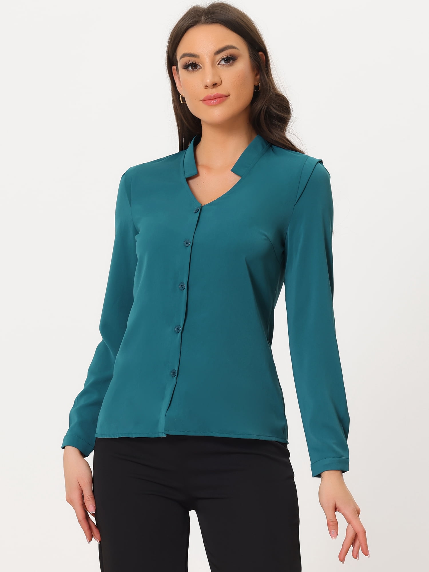 DARING DIVA Women's Elegant V Neck Long Sleeves Button Down Shirt S Lake Blue