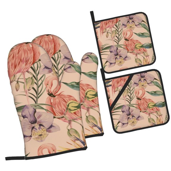 LAKIMCT Tropical Jungle Plant Flamingo Oven Mitts and Pot Holders Sets Non-Slip Potholders Heat Resistant Oven Gloves for Kitchen Baking Cooking BBQ, 4-Piece Set
