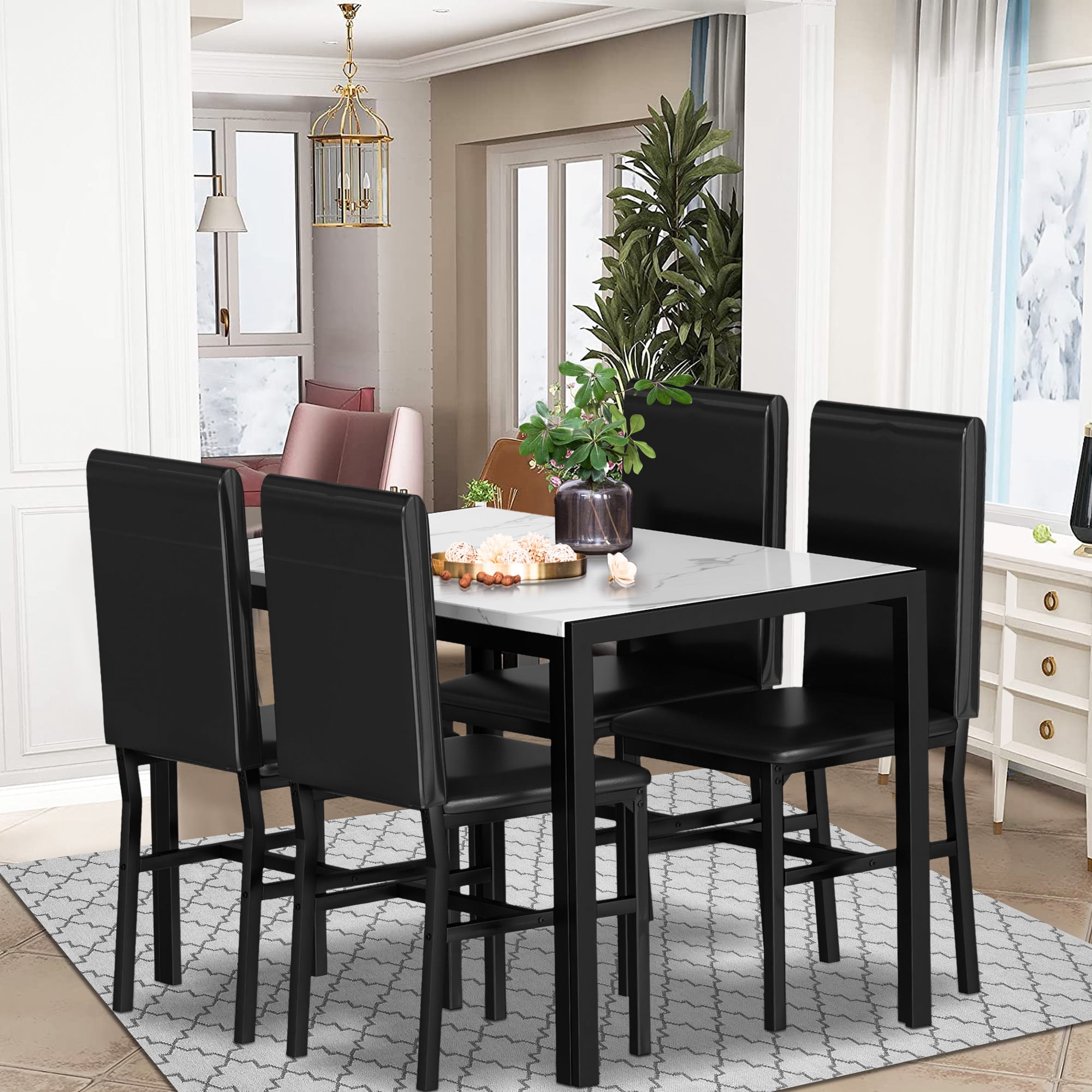 5Pcs Dining Set, Kitchen Table with 4 Piece Chairs, Dinette Set Faux ...