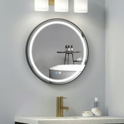 HOROW 24 Inch LED Round Black Bathroom Vanity Wall Mirror with Voice Control