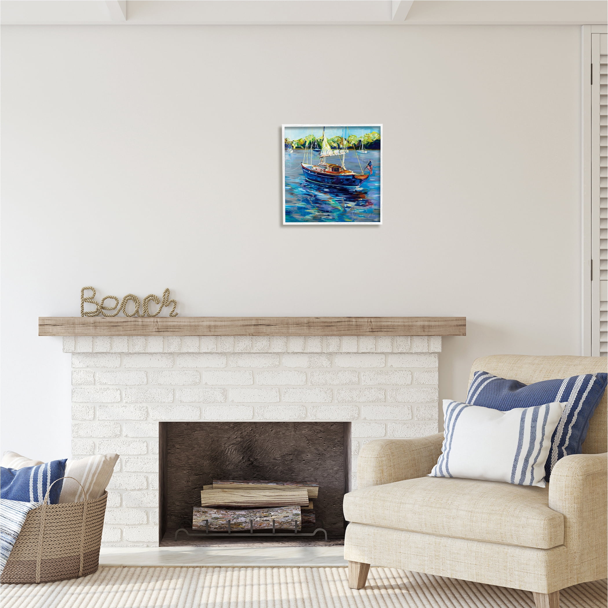 Stupell Industries Boat with American Flag Transportation Painting White Framed Art Print Wall Art, 17 x 17