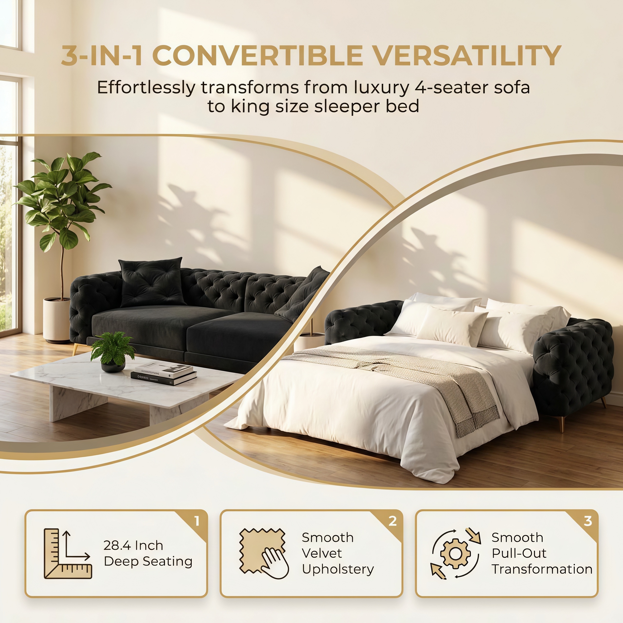 3-in-1 Velvet Sleeper Sofa Bed, 97.7" Modern Button Tufted Convertible Pull Out Couch with Gold Metal Legs & Deep Seat for Living Room, Balck