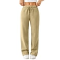 thumbnail image 2 of Women's Wide Leg Sweatpants Cotton Soft Fabric Drawstring with Low Waist Trendy Casual Baggy Khaki 2XL, 2 of 7
