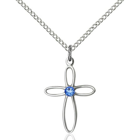 Silver Crystal Loop - Sterling Silver Loop Cross Pendant with 3mm September Blue Swarovski Crystal 3/4 x 1/2 inches with Lite Curb Chain