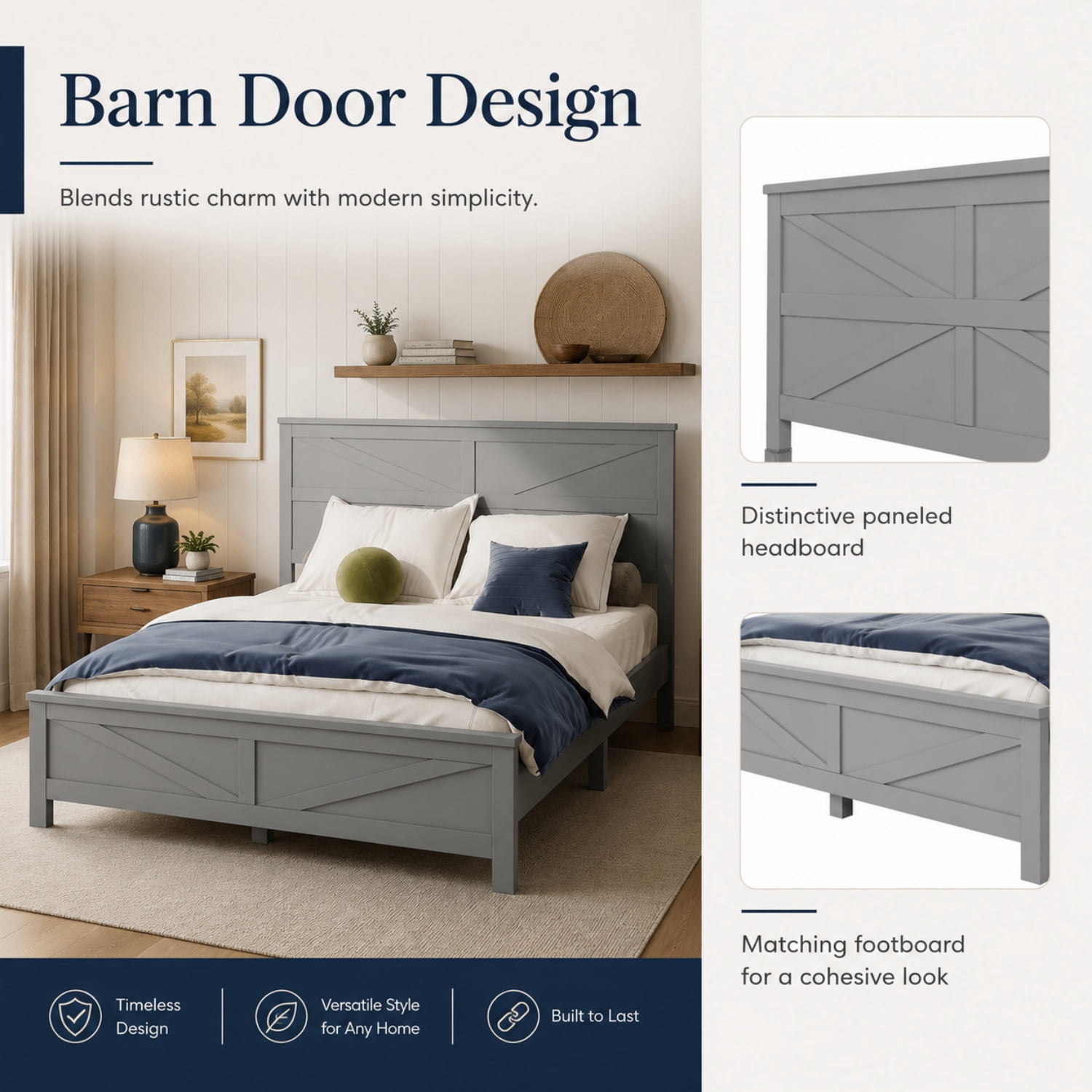 Miniyam Queen Bed with Barn Door Headboard and Footboard, Farmhouse Wood Platform Bed Frame, Gray