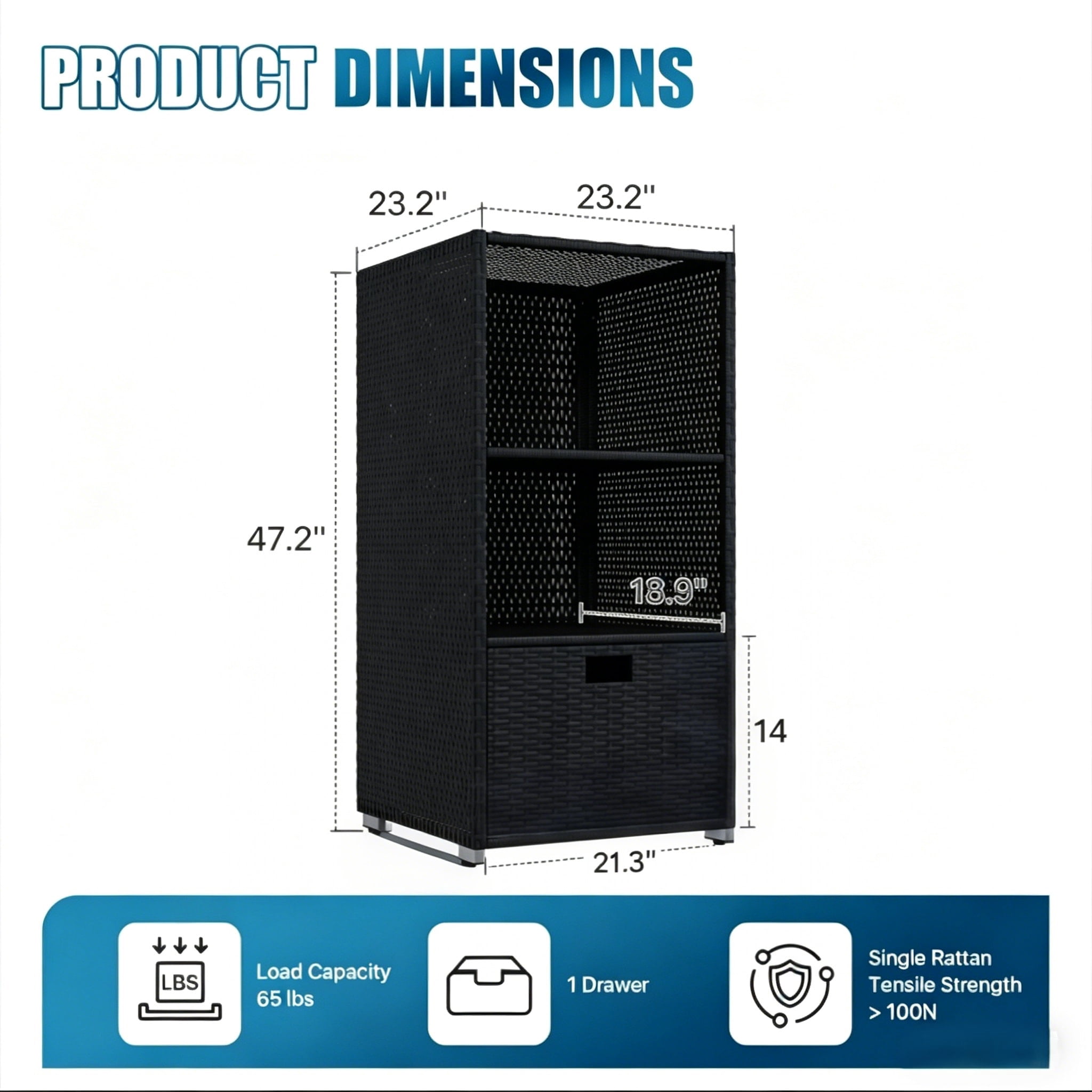 BaPiPro Wicker Poolside Storage Cabinet with Drawer, Outdoor Rattan Pool Towel Organizer for Patio, Backyard, 47" Black