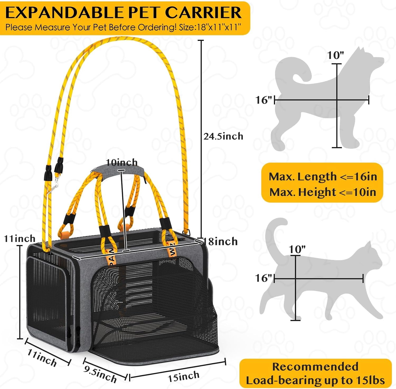 PAWZIDEA Expandable Cat Carrier w/ID Card, 18X11X11 TSA Airline Approved Pet Carrier for 2 Cats Under Seat, Soft-Sided Collapsible Small Dog Carrier Car Seat Travel Bag, Shoulder Strap as Dog Leash