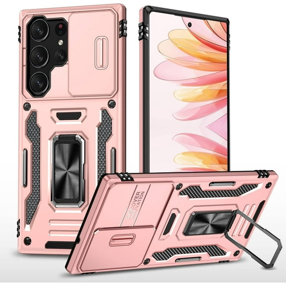 Phone Cases for S23 Ultra Case with Ring Kickstand, Built in Slide Camera Lens Cover, [Military Grade Drop] Silicone Rugged Shockproof Bumper Case for S23 Ultra 5G-Pink Rose Gold
