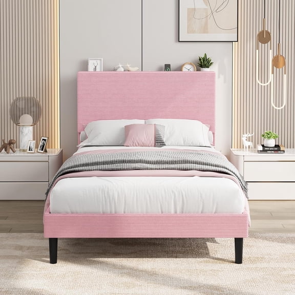 IdealHouse Twin Size Bed Frame with USB Charging Station, Corduroy Upholstered Platform Bed Frame with Adjustable Storage Headboard, Wooden Slats Support, No Box Spring Needed, Easy Assembly, Pink