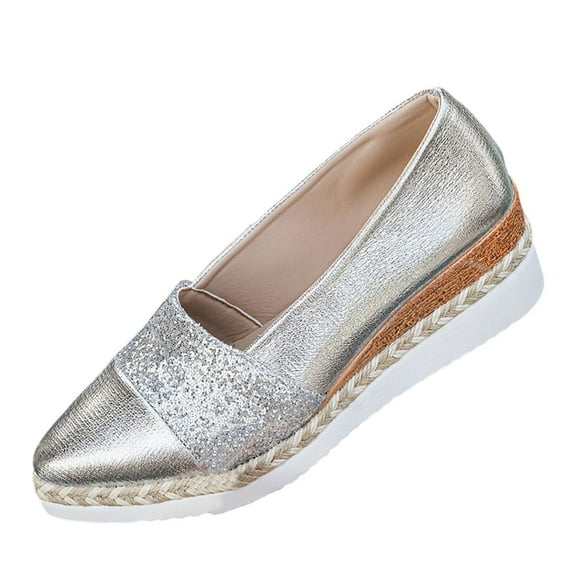 Xfvqtps Womens Glitter Espadrille Flats Casual Wedge Heel Slip on Shoes Lightweight Moccasins for Everyday Wear Silver
