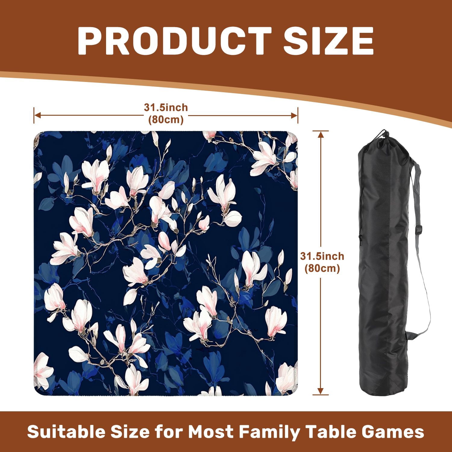Mahjong Mat 31.5" x 31.5" Magnolia flower Seamless white Non-Slip Noise Reduction American Mahjong Tiles Table Cover for Dominoes Poker Card Board Games Gift