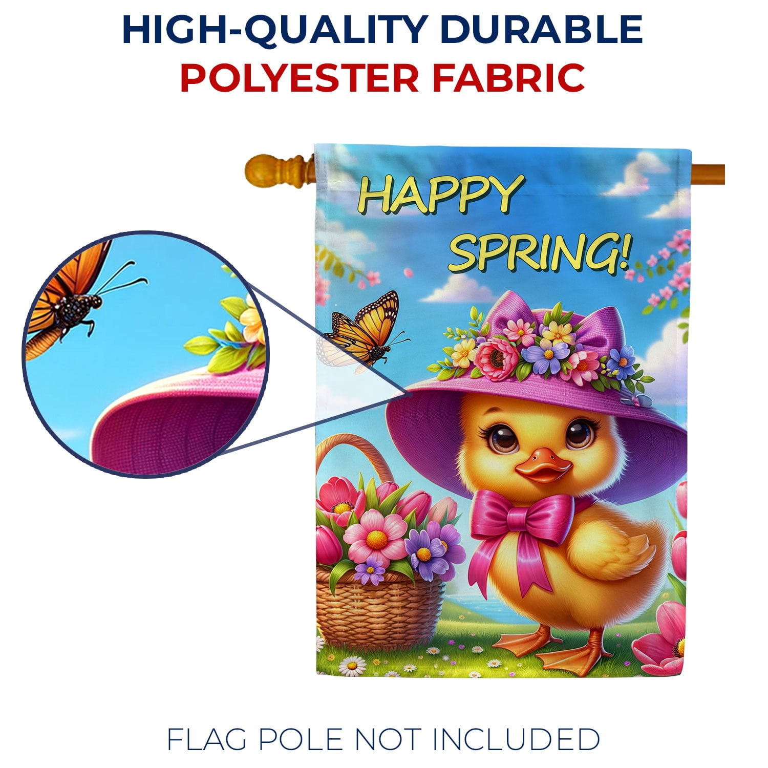 America Forever Happy Spring Duck House Flag, 28 x 40 inch Double Sided, Cute Duckling Flower Basket Butterfly Spring Seasonal Outdoor Decorations Yard Flag