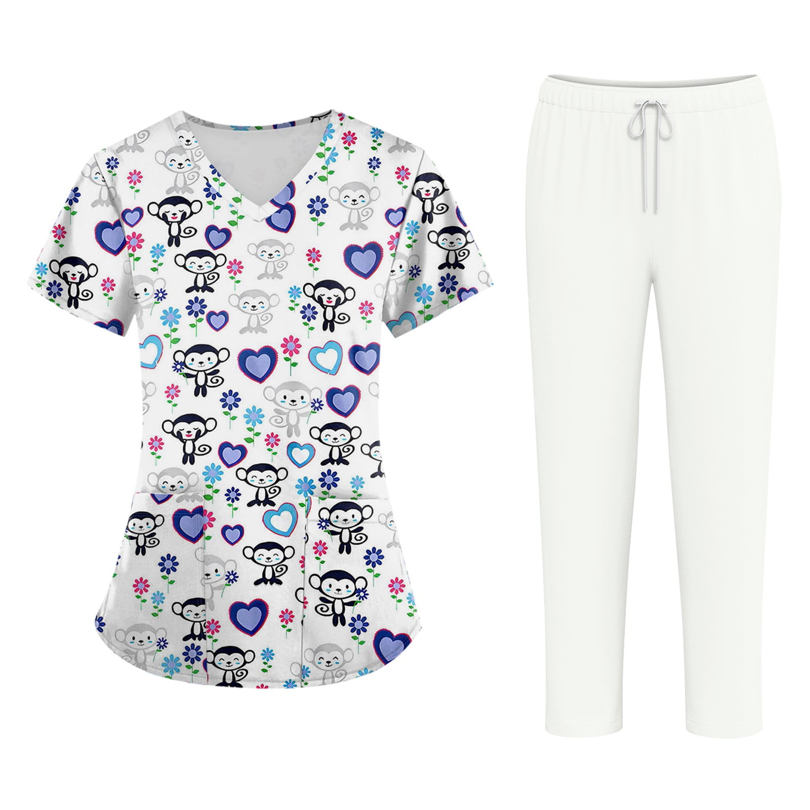 Quick Dry Stretch Nurse Scrub Sets Women Cute Graphic Print V Neck Tops Functional Cargo Jogger Pants Medical Hospital Uniform Suits White M