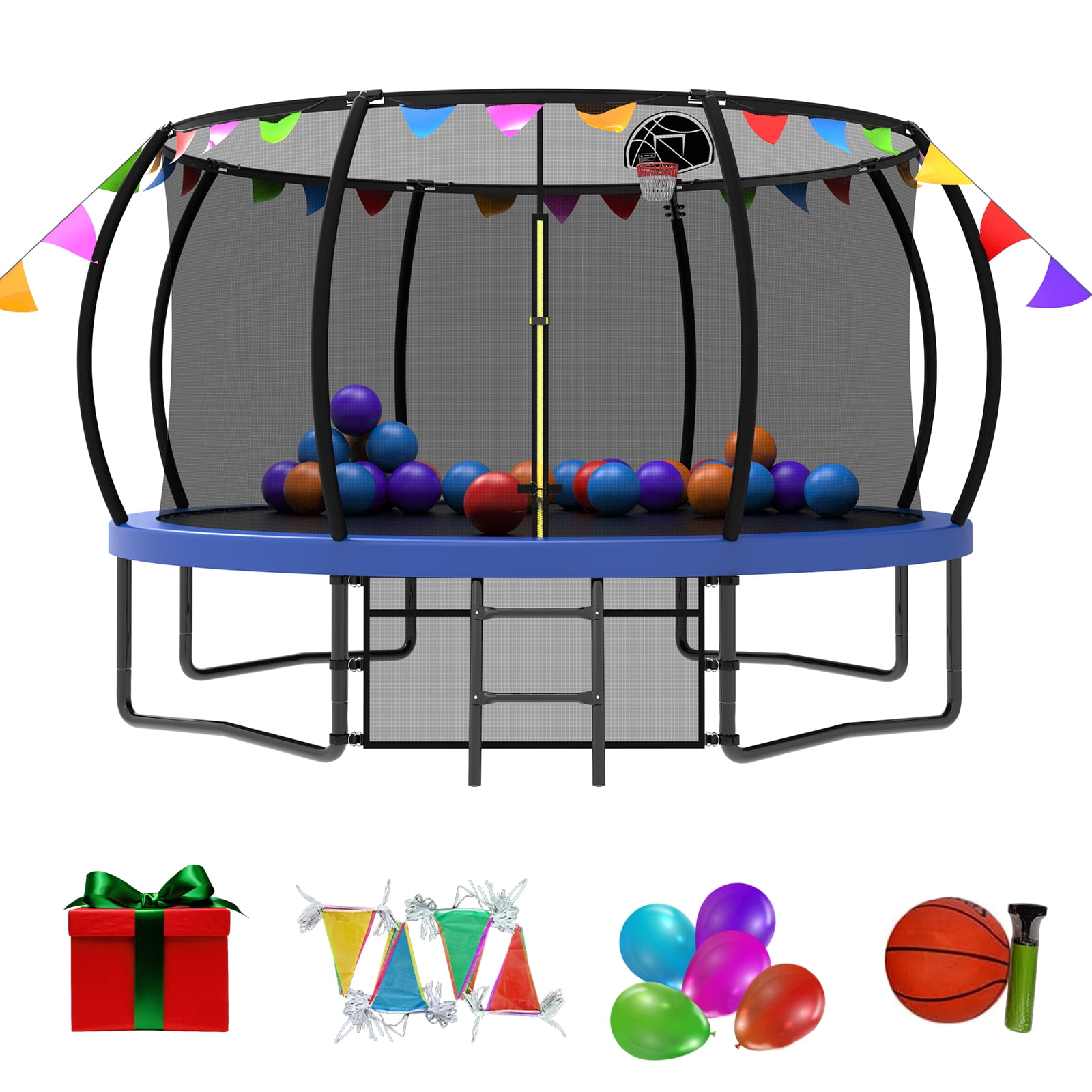 Witaxima 12FT Kids Trampoline with Safety Enclosure Net, Ladder & Flag Accessories, Outdoor Recreational Blue Trampoline, ASTM Certified, 144in Diameter