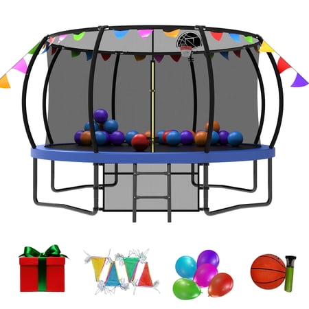 ZEVORO 12FT Round Outdoor Trampolines with Safety Enclosure Net, Ladder, Basketball Hoop and Flag Parts