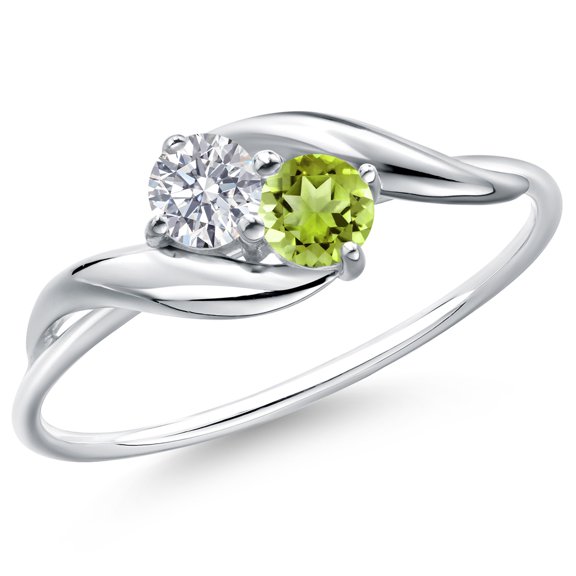 Gem Stone King 10K White Gold Round White Lab Grown Diamond and Green Peridot Ring for Women (0.38 Cttw, Round 3.5MM, Gemstone April Birthstone, Size 9)