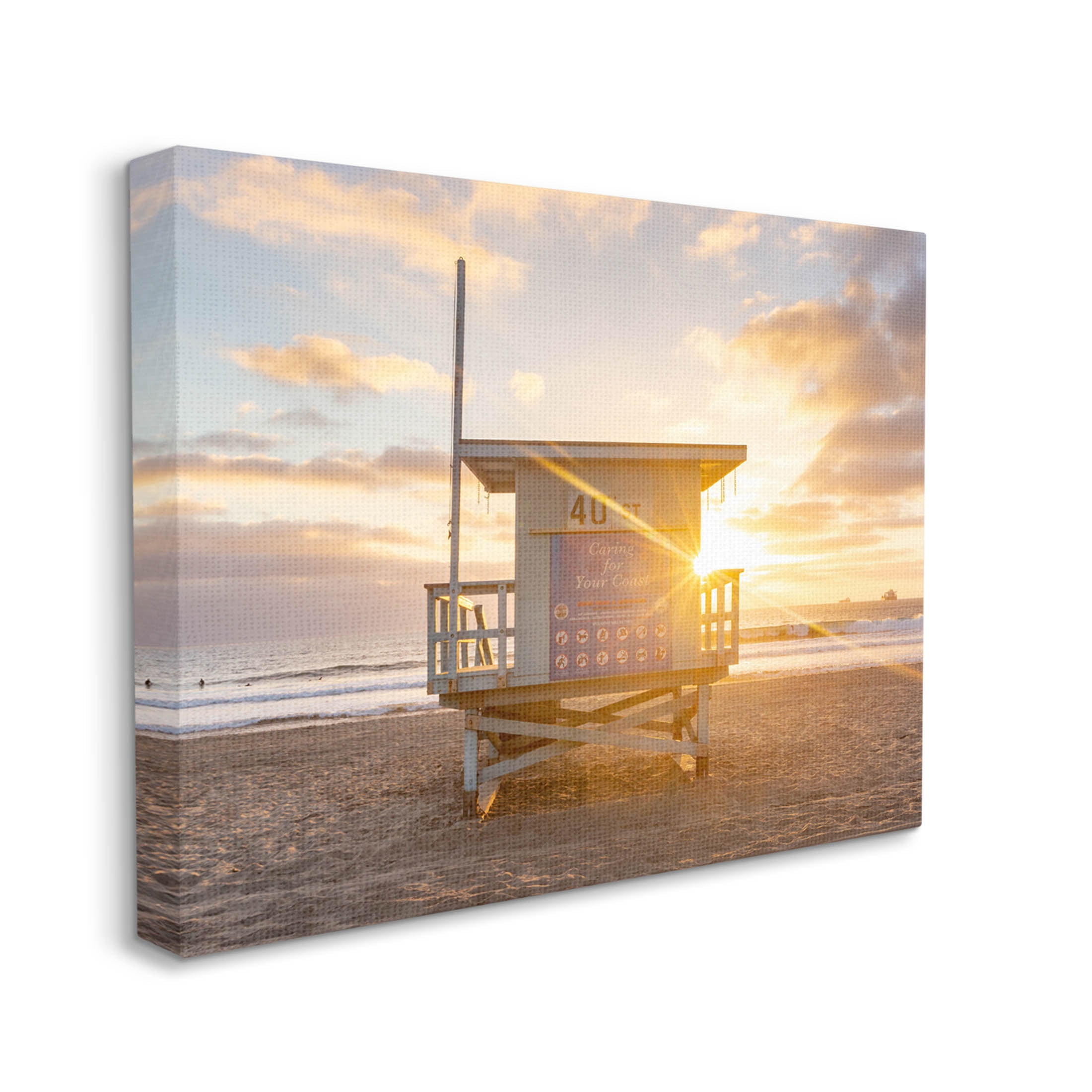 Beach Hut Sunset Flare Coastal Photograph Gallery Wrapped Canvas Print Wall Art