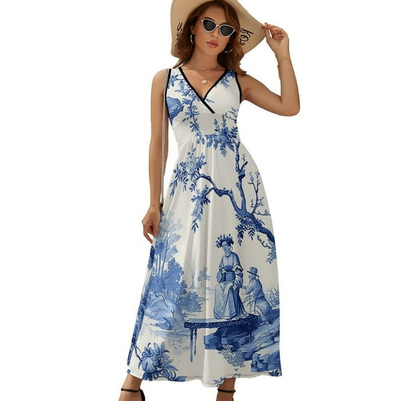 Blue Chinoiserie Toile Lady Dress Summer Street Style Bohemia Long Dresses Female Sleeveless Printed Maxi Dress