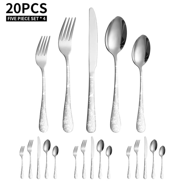 Juego de cubiertos de acero inoxidable de 20 piezas Juego de cubiertos de cubiertos pulidos con espe Meterk Silver