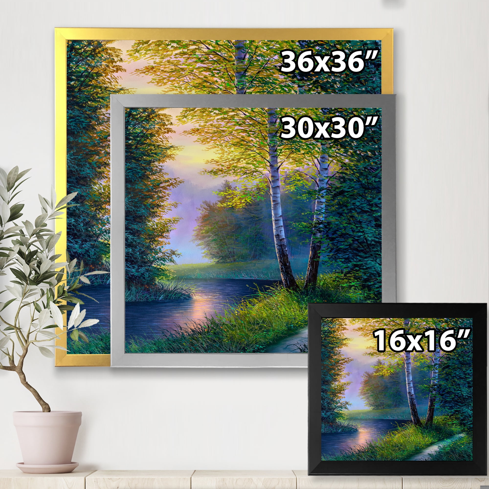 Designart 'Sunrise Glow Through The Birch Forest' Lake House Framed Art Print