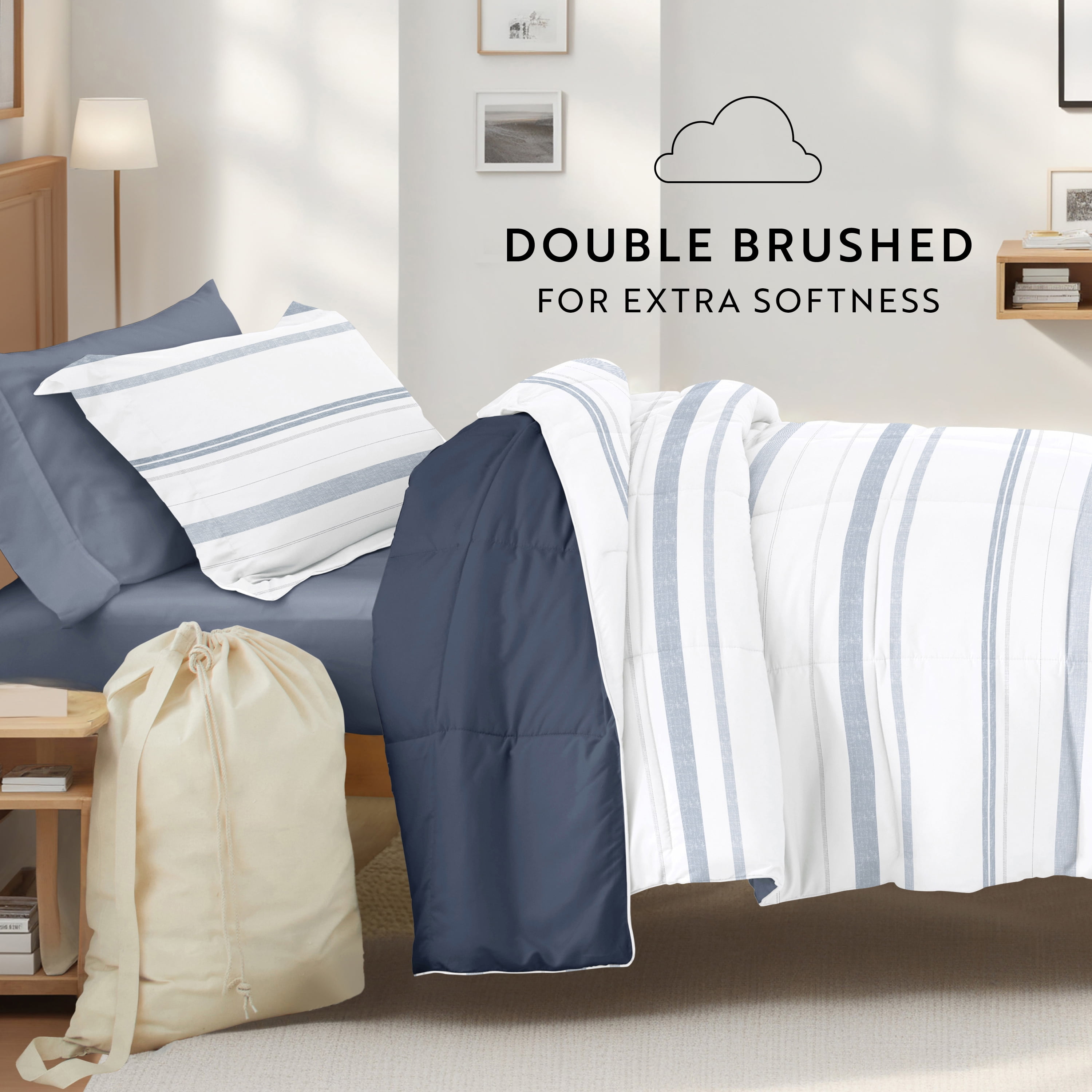 Noble Linens 8 Piece Dorm Bedding Bundle, Comforter & Sheet Set, Pillows, Laundry Bag