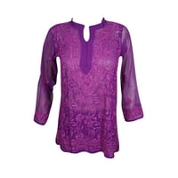 Mogul Womens Beautiful Purple Floral Hand Embroidered Tunic Blouse Long Sleeves Georgette Sheer Kurti Cover Up Top Dress XXS