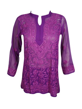 Mogul Womens Beautiful Purple Floral Hand Embroidered Tunic Blouse Long Sleeves Georgette Sheer Kurti Cover Up Top Dress XXS