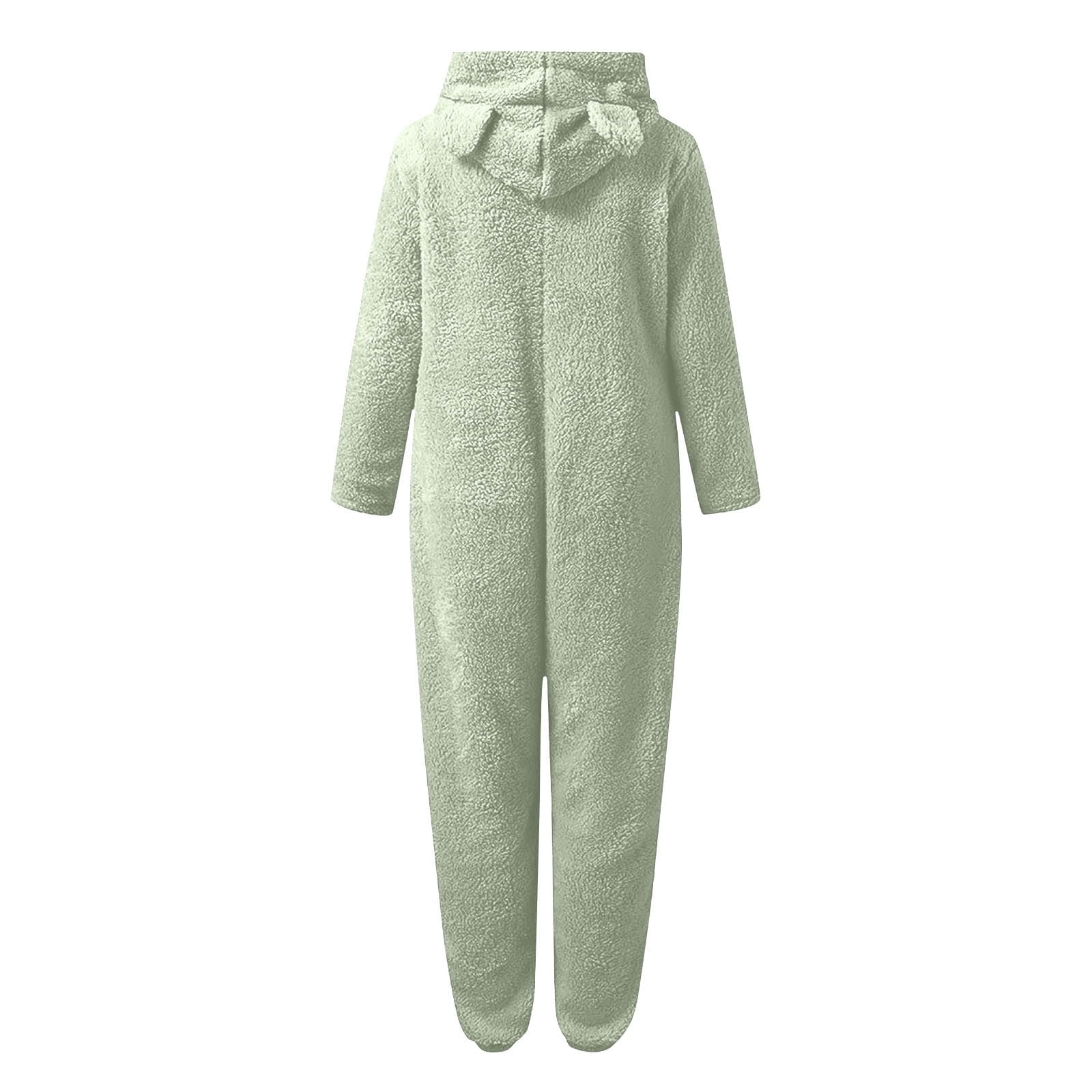 QATAINLAV Sherpa Jumpsuits for Women Fuzzy Onesies Pajamas Long Sleeve Adult Cat Ears Hooded Rompers Sleepwear Warm Plush One Piece Pants Army Green M