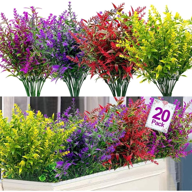 Flores artificiales de lavanda, 20 paquetes, resistentes a los rayos UV para exteriores