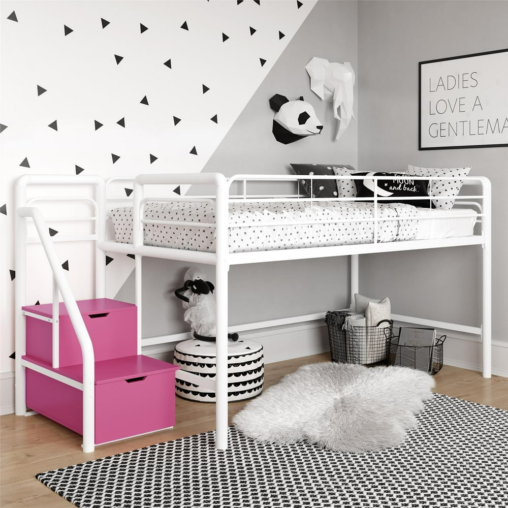 Junior Twin Loft Bed with Storage Steps, Pink and White