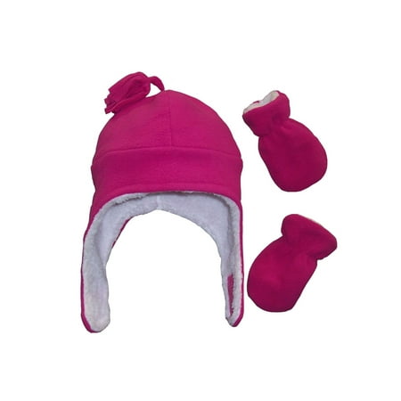 NICE CAPS Little Girls Toddler and Infants Soft and Warm Sherpa Lined Micro Fleece Pilot Hat and Mitten Cold Weather Winter Headwear Accessory Set - Fits Kids (Best Cold Weather Headwear)