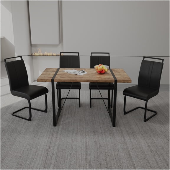 JERFIT 5-Piece Industrial Farmhouse Dining Set, 55 Inch Kitchen Table with 4 Upholstered Chairs, Black and Brown