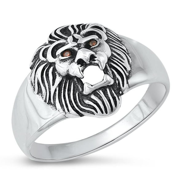 Simulated Ruby Lion Head Ring .925 Sterling Silver Big Cat Band Red CZ Jewelry Female Size 12