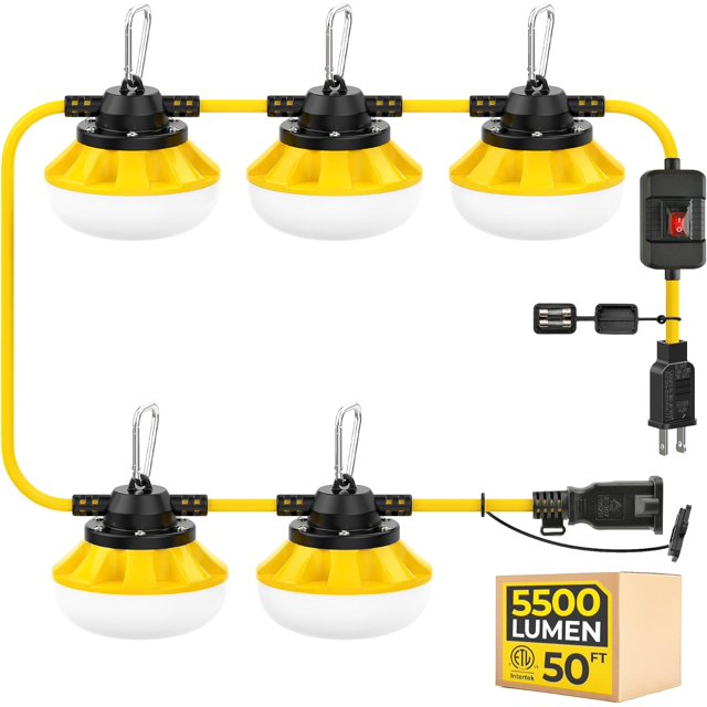 UTAH-50ft LED Switch String Lights: 50w 5500lm ETL Listed Bright Industrial Outdoor Temporary Lighting Hanging IP65 Waterproof 18AWG Wire Work Construction Light for Attic Jobsite Garage