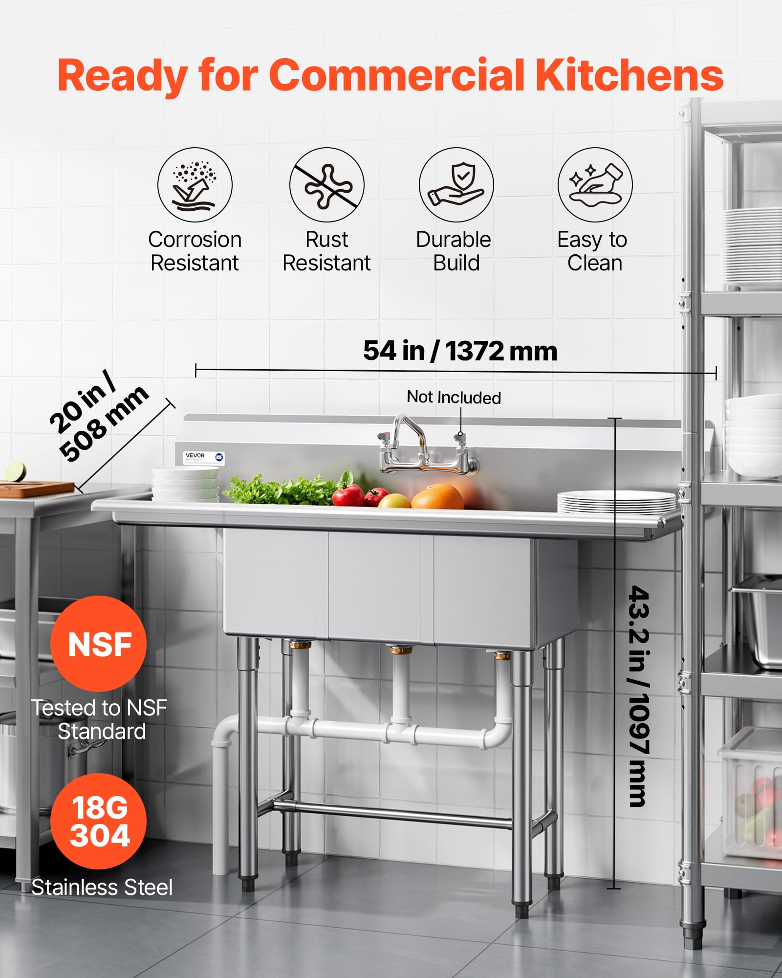 VEVOR 3 Compartment Sink, 18-Gauge 304 Stainless Steel, 10" x 14" x 10" Bowl Size, 3 Bay Commercial Kitchen Prep & Utility Sink with 2 Drainboards and Backsplash for Restaurant, Food Truck & Home Use