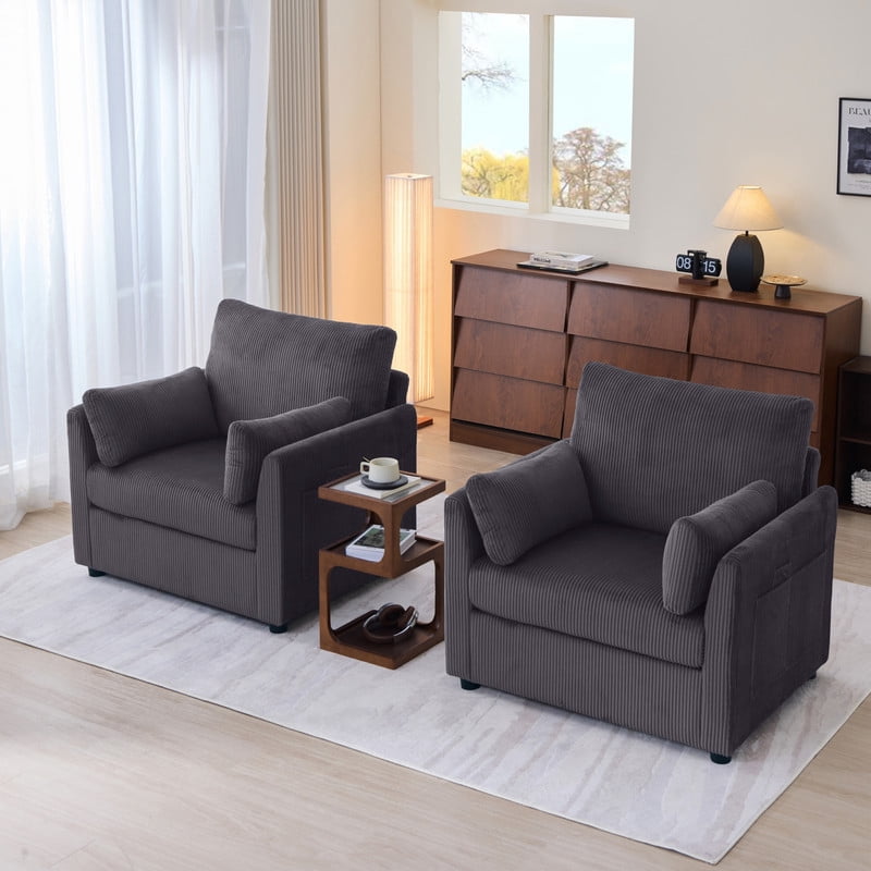 37.75"W Oversized Single Sofa, Corduroy Accent Reading Chair w/ Storage Pockets, Modern Upholstered Armchair w/ 2 Pillows