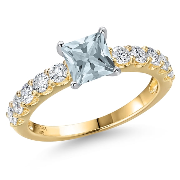 Gem Stone King 14K Two Tone Gold Sky Blue Aquamarine and Lab Grown Diamond Engagement Ring for Women | 1.15 Cttw | Princess 5MM | Gemstone March Birthstone | Size 5